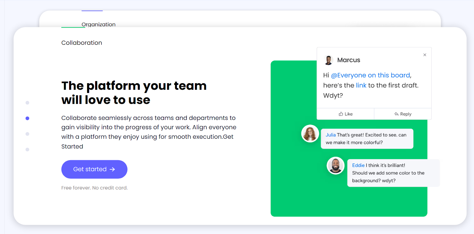 Monday.com landing page features section with visual product interface demonstration
